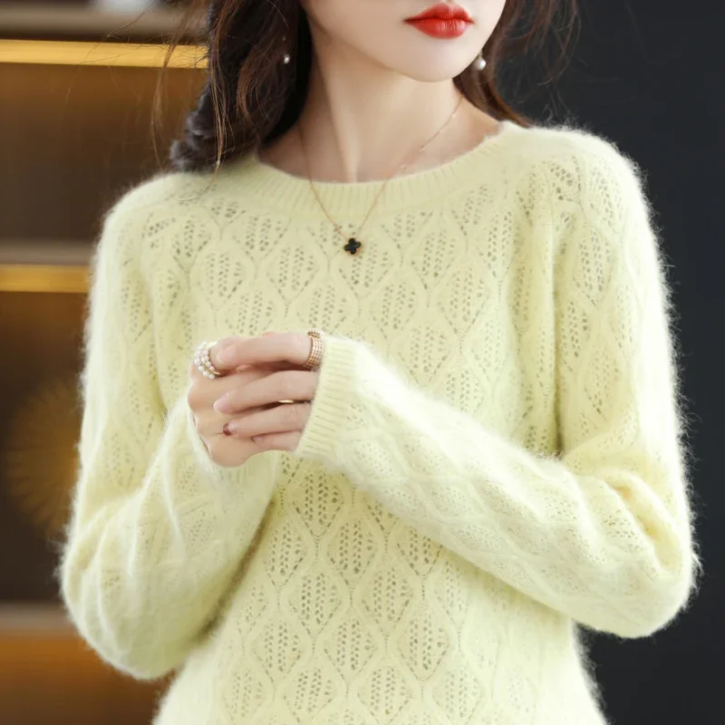 Hollow-Out Round Neck Mink Cashmere Sweater Women's Pullover Knitted Bottoming Shirt New Autumn Winter With Loose Tops Inside