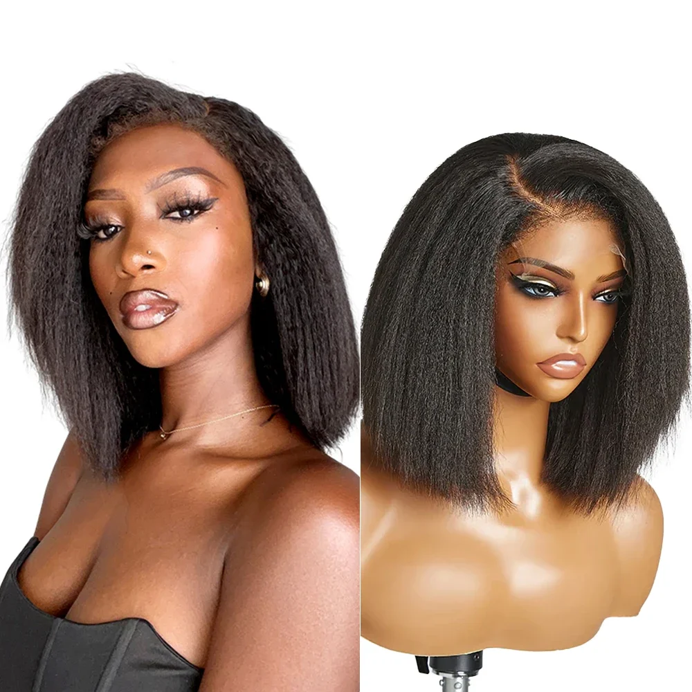 Glueless Straight Yaki Bob Peruca, Peruca Curta Kinky, Pronto para Vestir, 100% Cabelo Humano, Peruca Lace Frontal 13x4, 220%