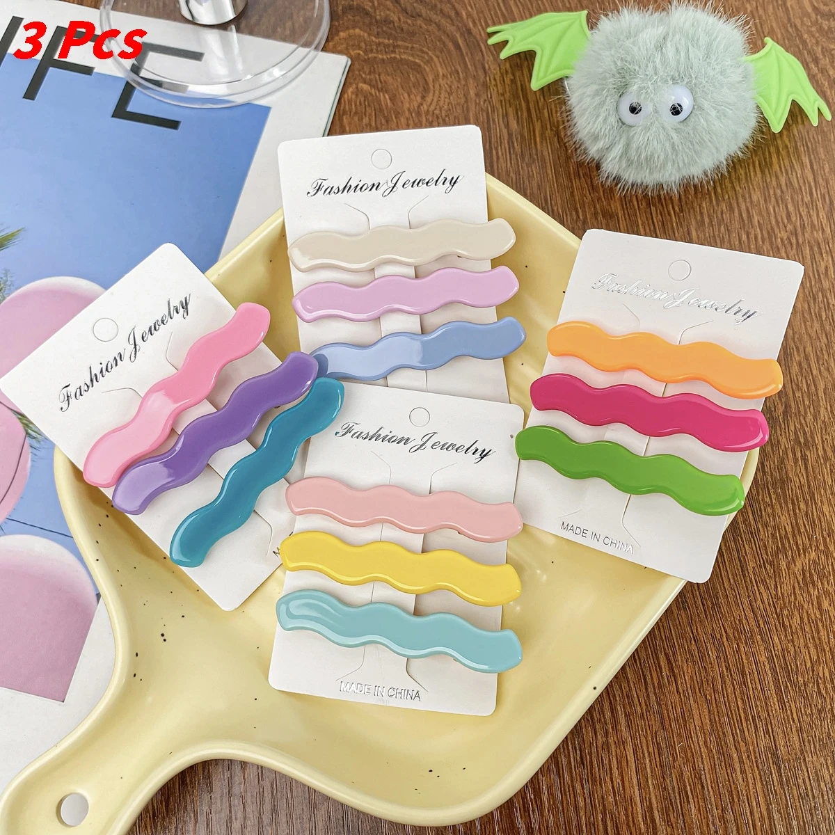 3-teiliges Damen-Haarspangen-Set, Welle, Macaron, Dopamin, einfarbig, einfach, süß, niedlich, Haarnadeln, vielseitiger Haarschmuck für Mädchen