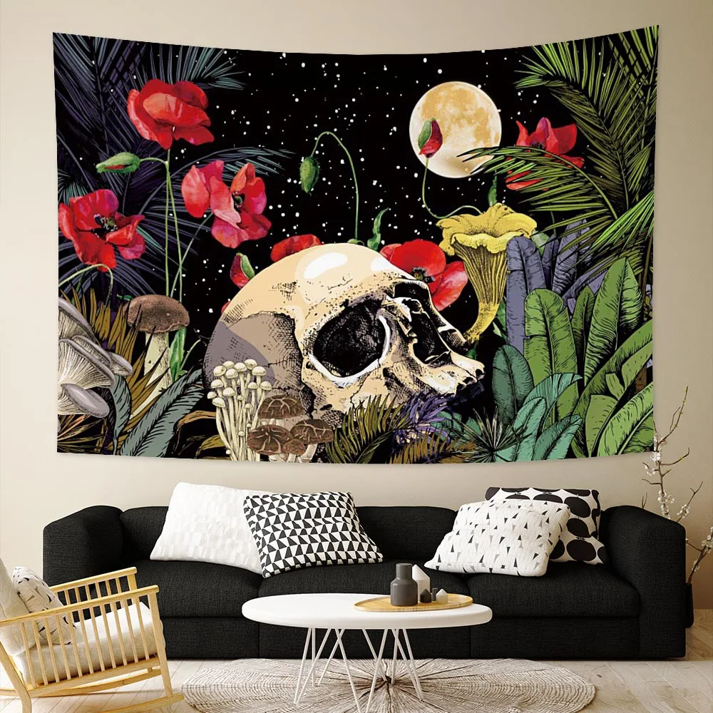 Flower Skull Skeleton Plant Moon Tapestry Garden Psychedelic Witchcraft Bohemian Wall Hanging Art Room Home Decoratio Tapestries