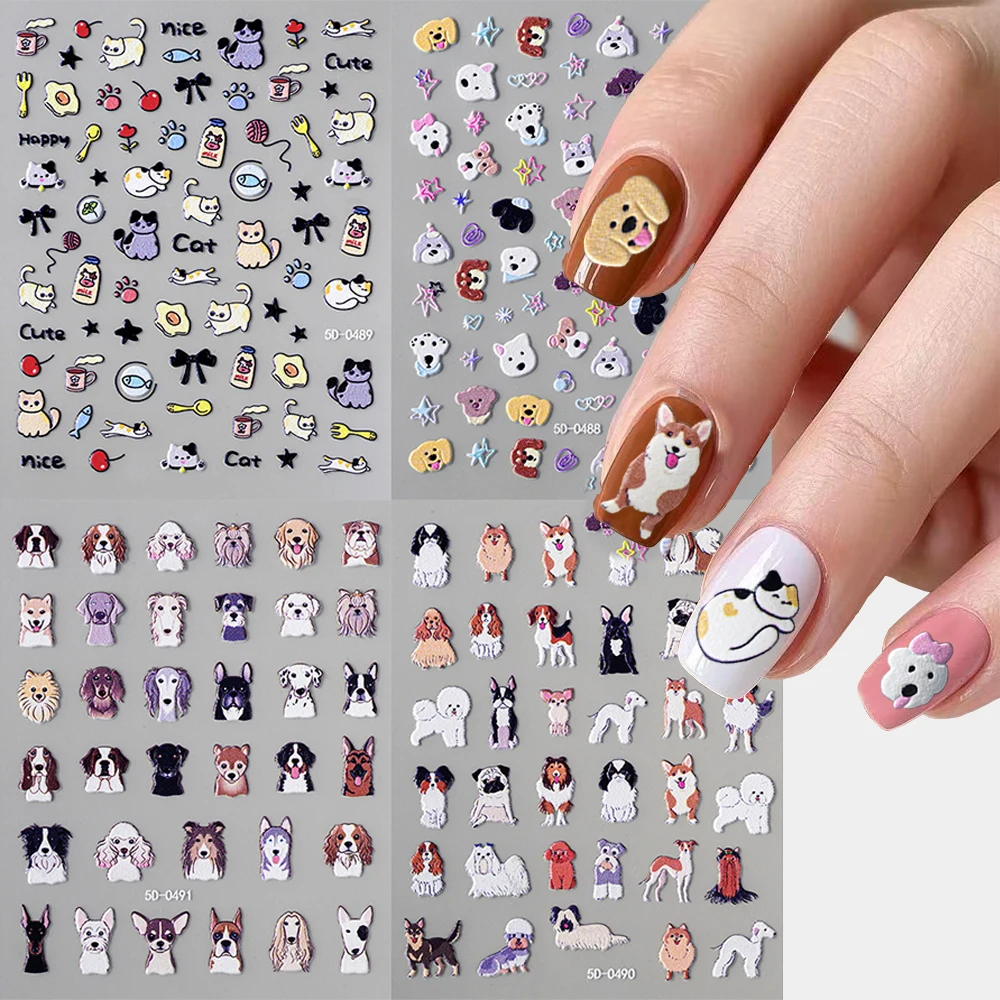 1pcs 5D 양각 개 고양이 만화 네일 아트 스티커 귀여운 강아지 활 네일 데칼 어린이를위한 다채로운 재미 동물 매니큐어 액세서리