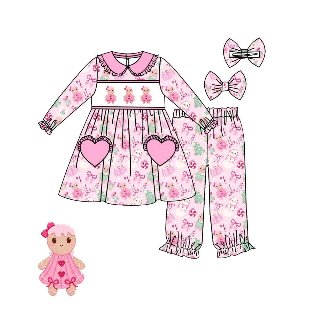 New Toddler Girls Pink Gingerbread Man Candy Outfits Kids Christmas Pajamas Dress Romper Robe Sleep Set