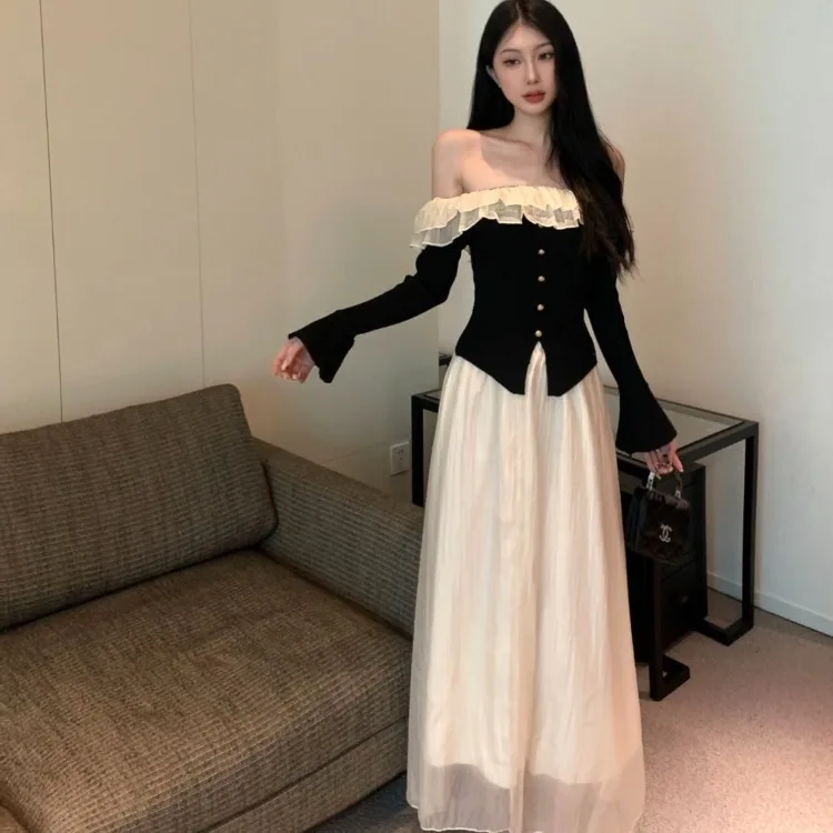 

Elegant Lace Ruffles Off Shoulder Slim Fit Knitted Tops Women+ Y2k High Waist Mesh Skirts Early Autumn New Two Piece Sets