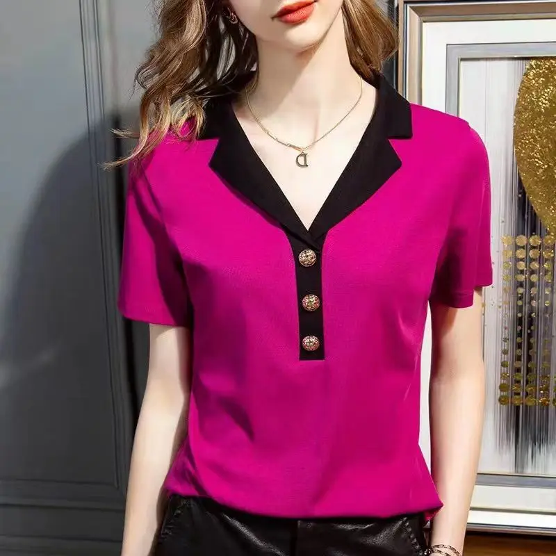 French Women Elegant Office Lady T-shirt Summe Fashion Short Sleeve Slim Pullover Tees Female Clothes Solid Chic All-match Tops