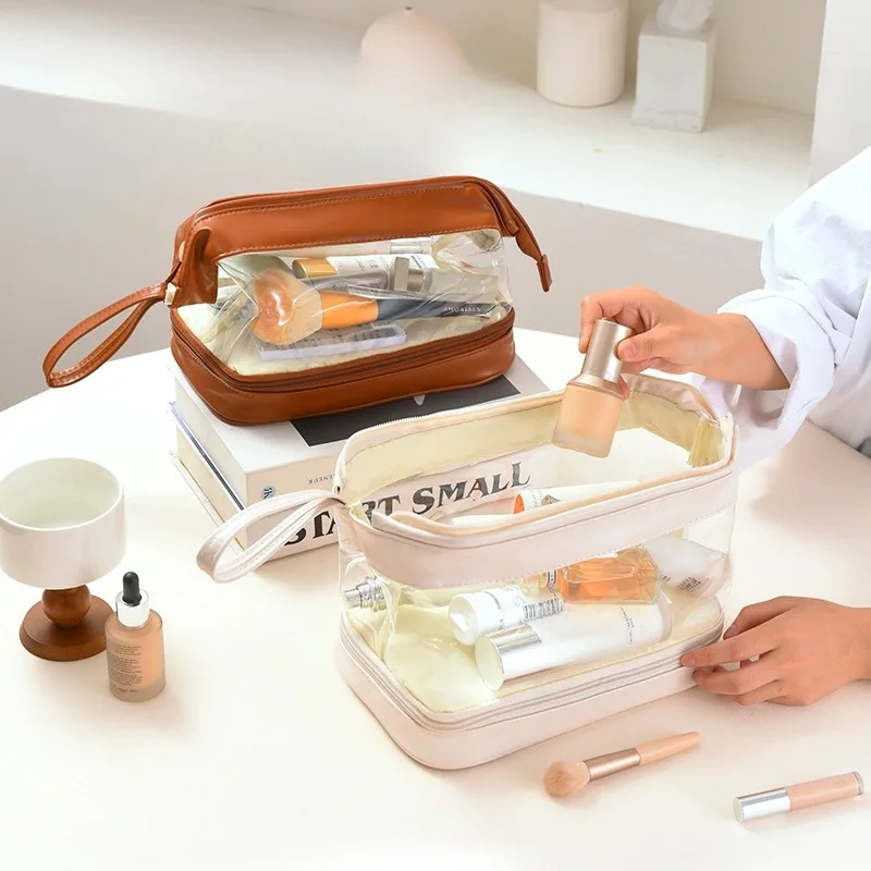 

2-in-1 Portable Travel Cosmetic Bag,Double Layer Waterproof Leather Cosmetic Bag,Large Makeup Bag for Women and Girls
