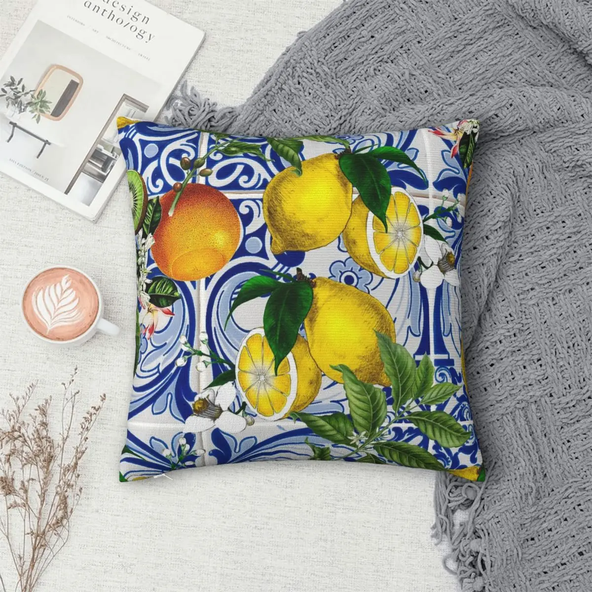 Mediterranean Lemon On Blue Ceramic Tiles Pillowcase Pillows Cover Cushion Comfort Throw Pillow Sofa Decorative Cushions Used