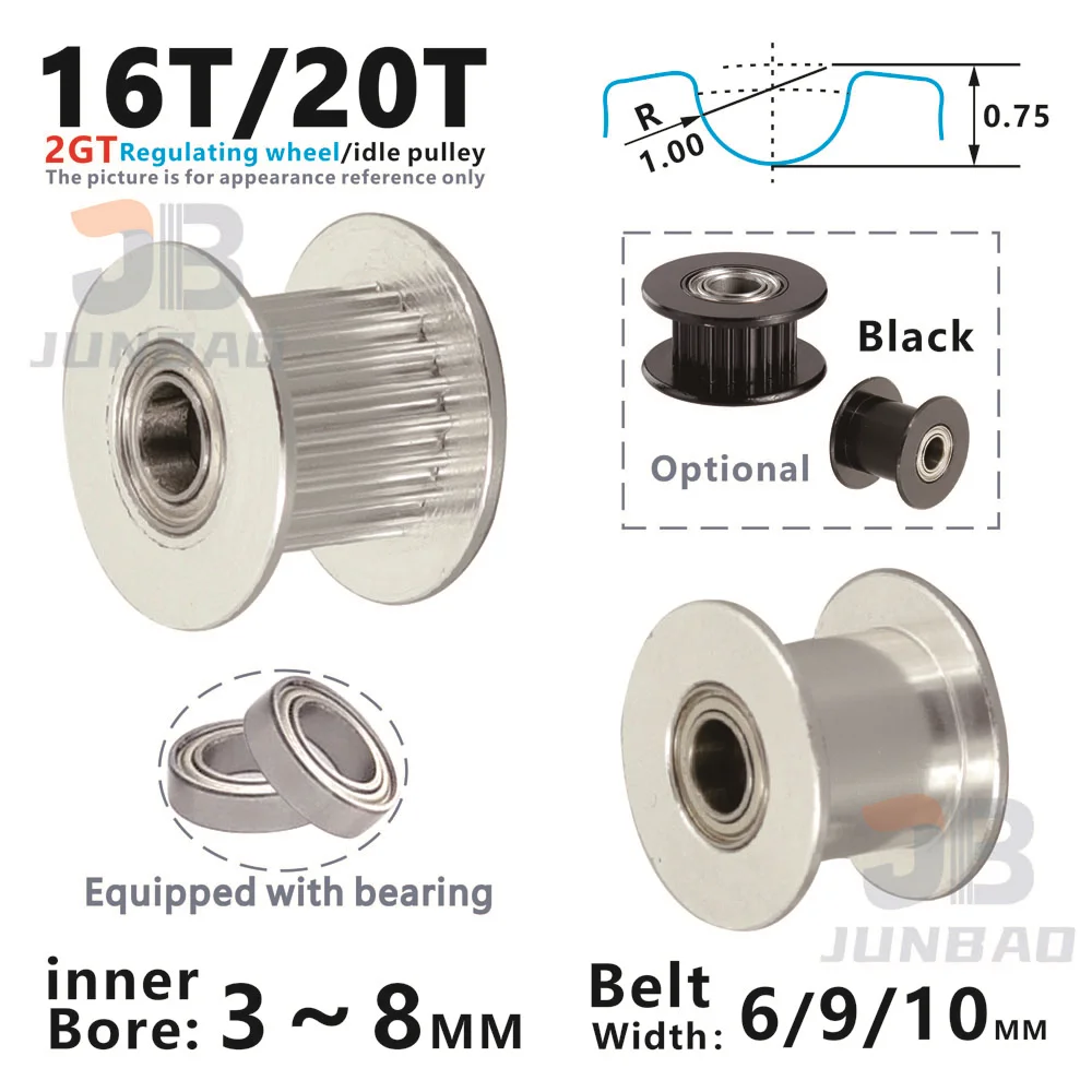 2GT 16T 20 tooth idler with bearings Bore 3 4 5 6 MM GT2Timing pulley Belt Width 6 9 10 15 MM Regulating Wheel 3D Printer Parts