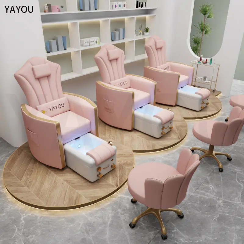 ネイルサロン用高級ピンクレザーパイプレスペディキュアクイーンバクレストスローンフットスパチェア