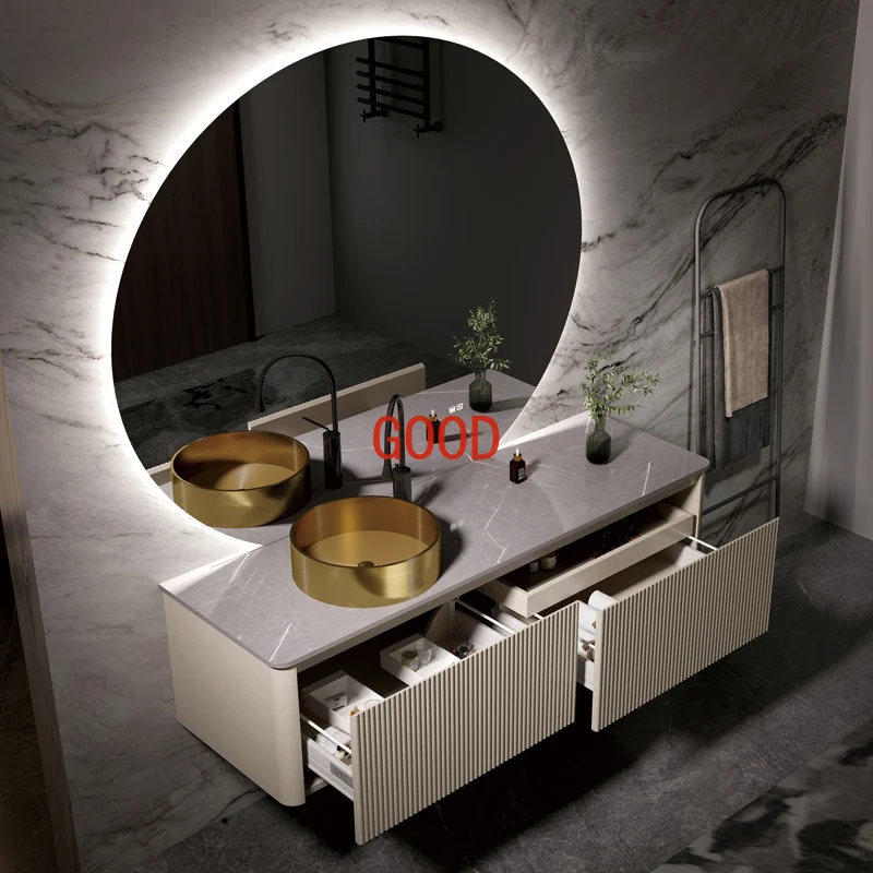 Stone Plate Modern Minimalist Cabinet Combination Light Luxury Gold Washbasin Smart Washstand Wall Hanging Bathroom Cabinet