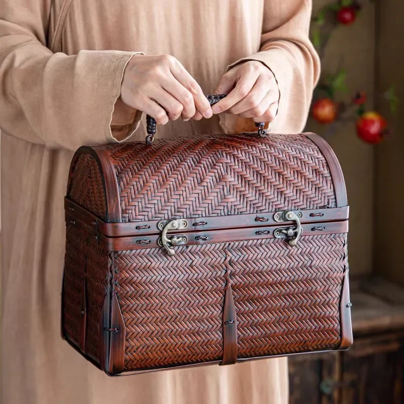 Handmade Bamboo Woven Tea Storage Box Large Lacquer Finish Retro Chinese Style Portable Bag for Outdoor Travel Traditional