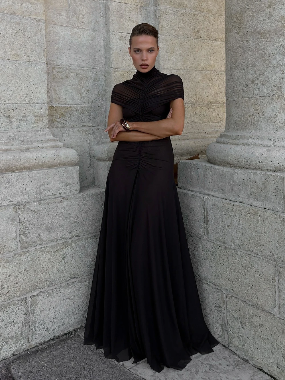 Nowa seksowna sukienka maxi damska z odkrytymi ramionami, bufiastą spódnicą i materiałem z siateczki, długa suknia wieczorowa.