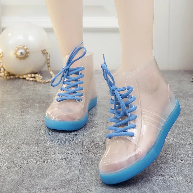 2024 Fashion Waterproof Jelly Shoes New PVC Women Outdoor Transparent Rain Boots Women Casual Lace-up Motorcycle Waterproof Boot