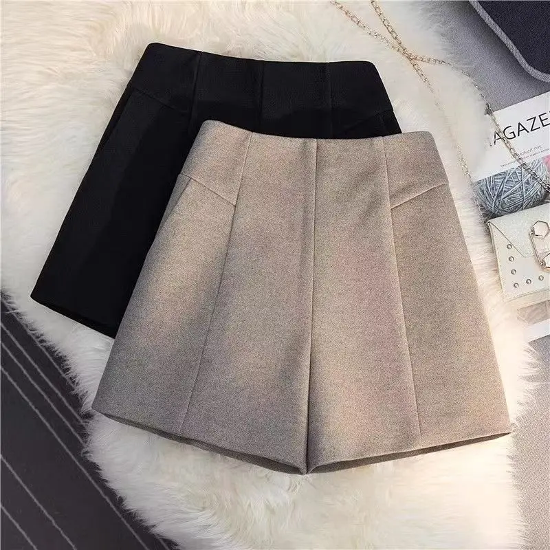 Thicked Warm Woolen Shorts Women 2023 Autumn New High Waist All-match Bottoms Y2k Loose Black Wide Leg Shorts