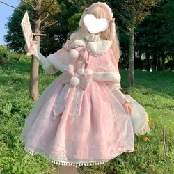 Japanese Kawaii Lolita Dress Sets Women Winter Plush Shawl Short Jackets Bow Princess Dress Korean Style Christmas New Year Suit