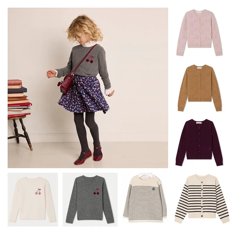 

Bp 2023 AW New Wool Children's Knitted Cardigan Cherry Jacquard Sweater Girls Round Neck Long Sleeve Small Cardigan