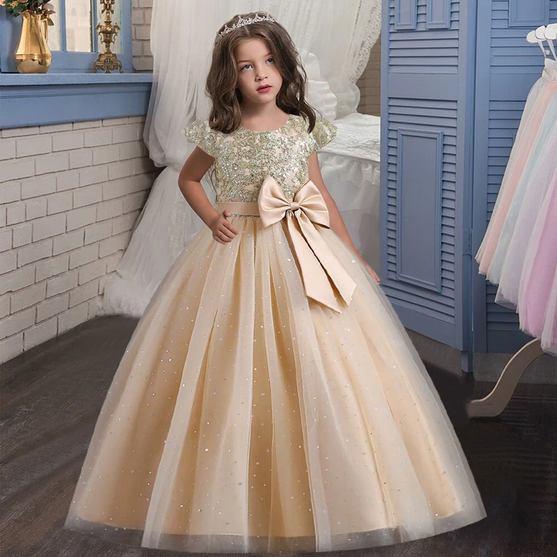 New Girls dress sequin mesh children's party dress summer girl wedding dress Western style dress big bow catwalk model 2023