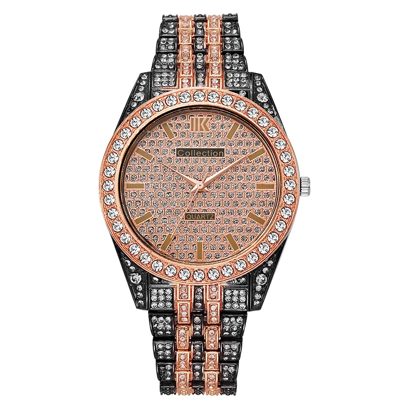 Luxo hip hop aço inoxidável cor de ouro calendário relógio para homem gelado para fora pavimentado strass relógio masculino reloj hombre