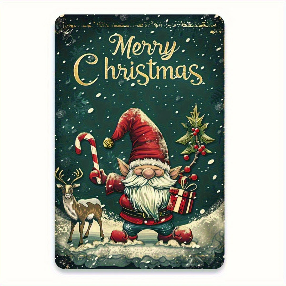 Vintage Santa & Reindeer Metal Tin Sign - Iron Wall Art Decor , Classic Christmas Holiday Design with Snowflakes Holly, Indoor/
