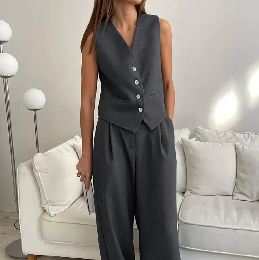 Women Pants Sets Two Pieces Set Sleeveless Vest Single Breasted Wide Leg Pants Cardigan Elegant Office Lady Pockets Solid Sashes