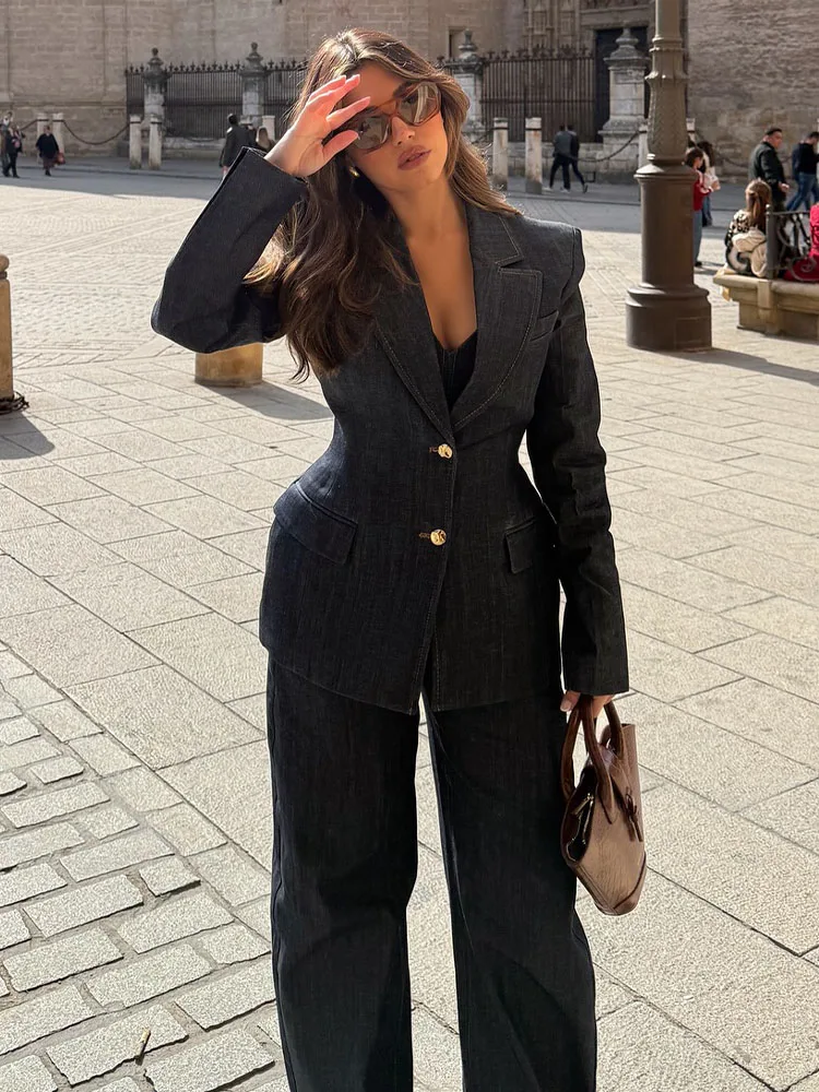 TRAFZA 2025 primavera Denim Blazer pantalones trajes mujer abrigo de manga larga + elegante Vintage cintura alta suelta mujer pierna ancha pantalones vaqueros largos