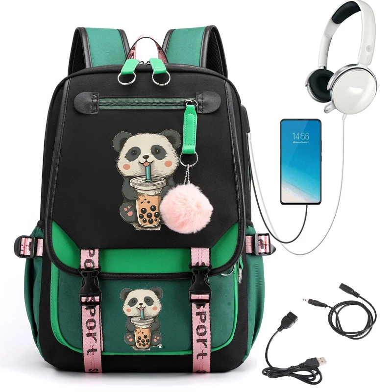 Kawaii School Bag Little Panda Drinking Boba Print School Backpack Students Cartoon School Bag Usb Bookbag Teenager Bagpack