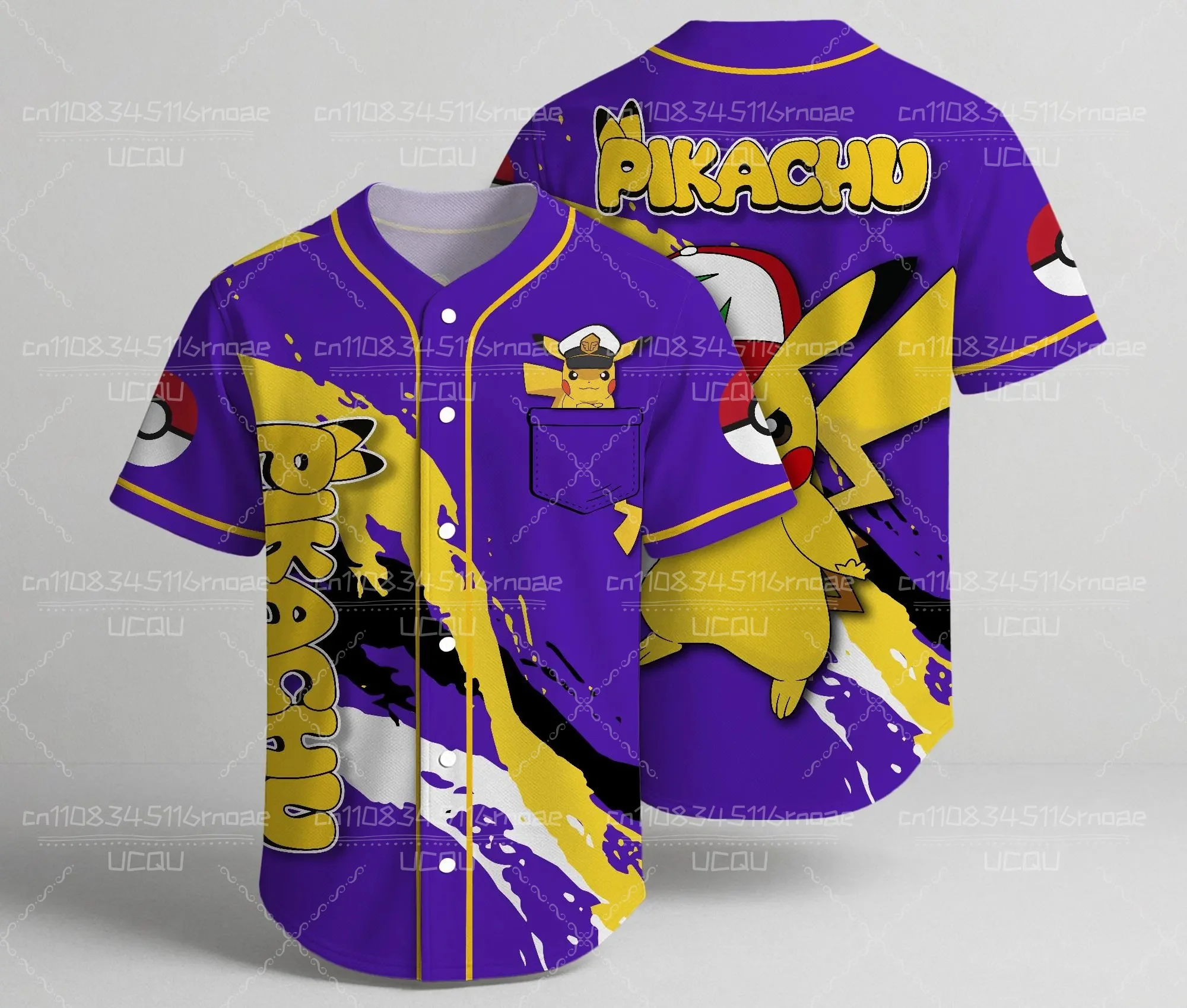 Nieuw Pikachu unisex honkbalshirt met geel bliksempatroon met knopen omhoog zomertop cool honkbalshirt rollenspel - afbeelding 1
