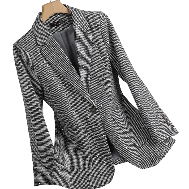스팽글 하운드투스 블레이저 여성 봄 가을 숏 재킷 코트 여성 정장 2025 신상 체크무늬 스몰 슈트 여성 아우터 탑