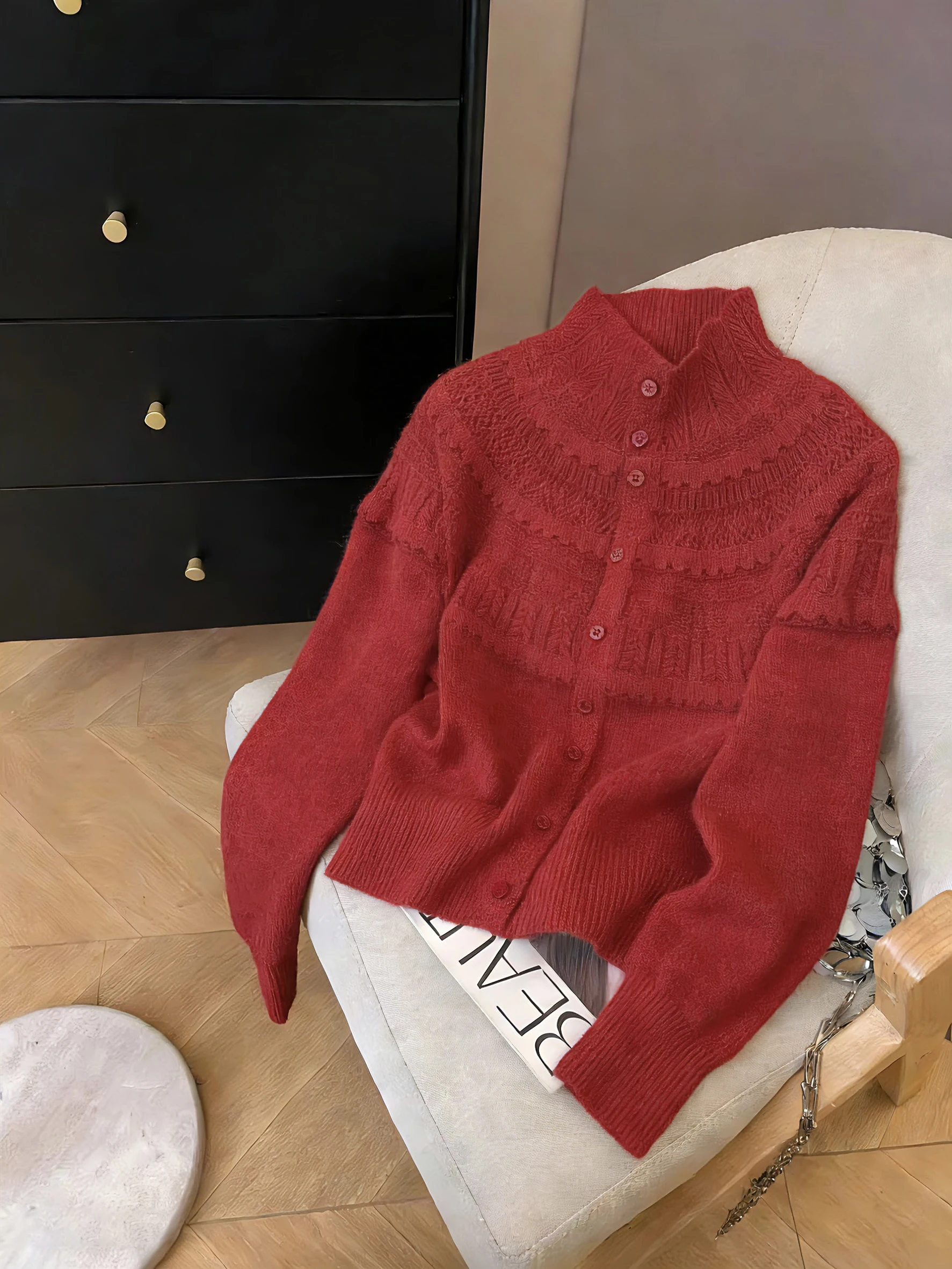 

Red Knitted f High Collar Hook Flower Design Open Cardigan Men's Casual Sle Polyester Fiber Long Sve Sweater Coat