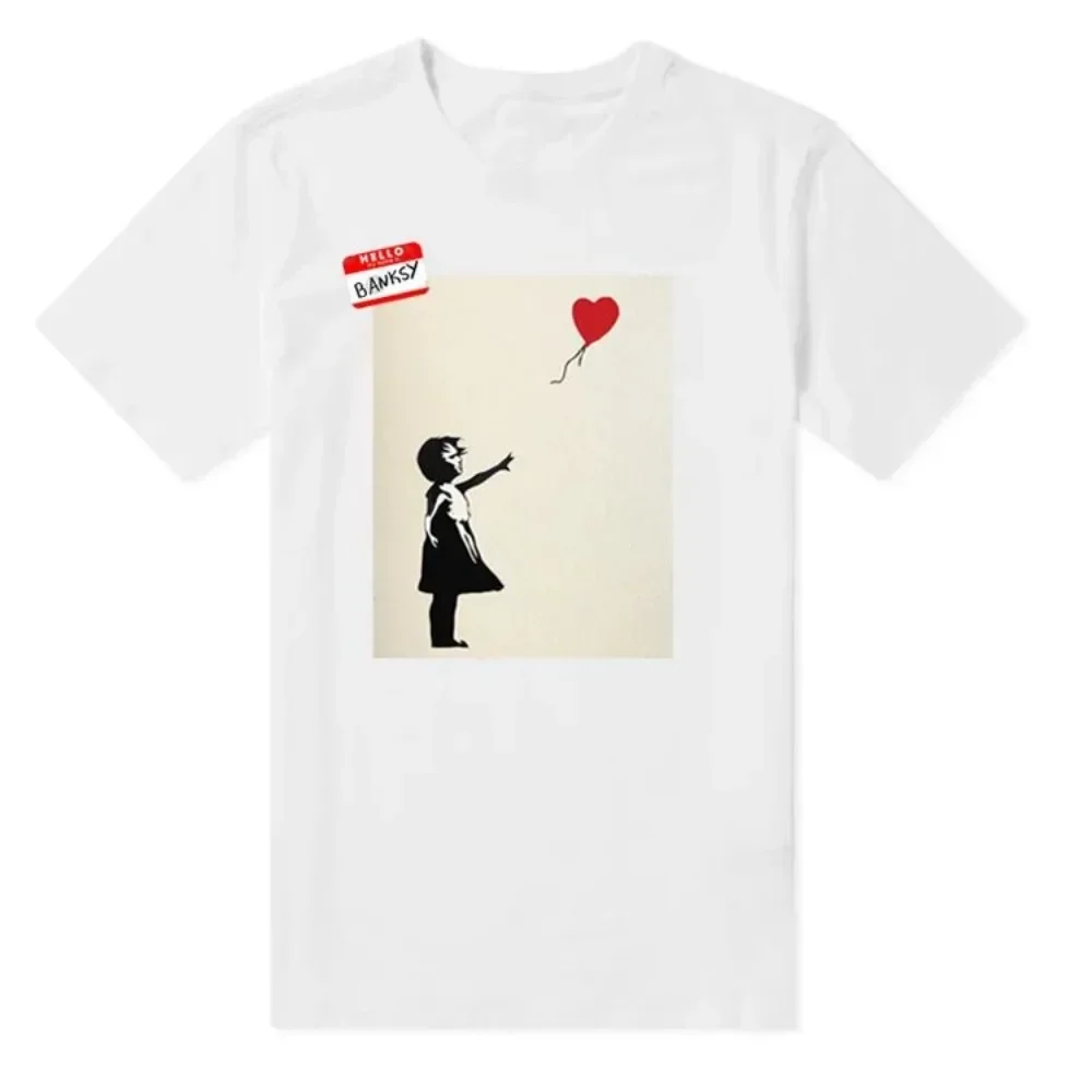 

Summer Banksy Banksy Girl with Balloon Short Sleeve Cotton Black and White T-Shirt Men's and Women's Art Graffiti Short TShirt