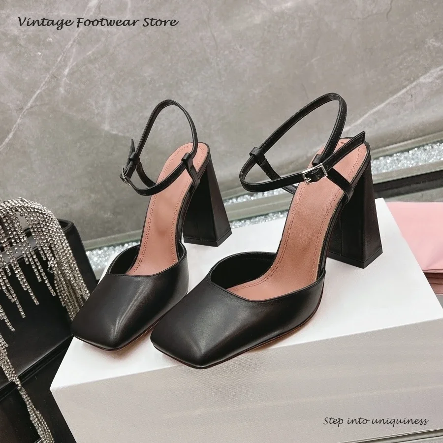 

Vintage Patent Leather Slingback Pumps Square Toe Chunky Heel Mary Jane Shoes Women's Spring Summer Fashion Runway Dress Sandals