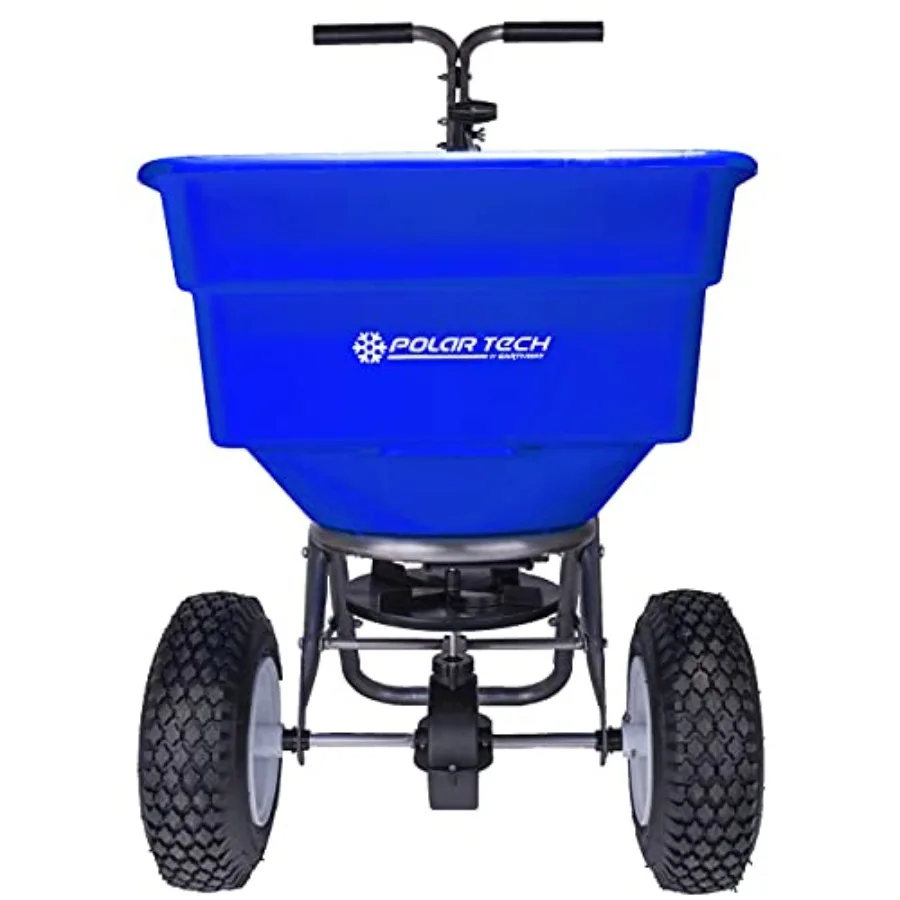 Professional ice melt spreader for commercial use, steel construction, black finish, 100 LB capacity with 13 pneumatic tires, a