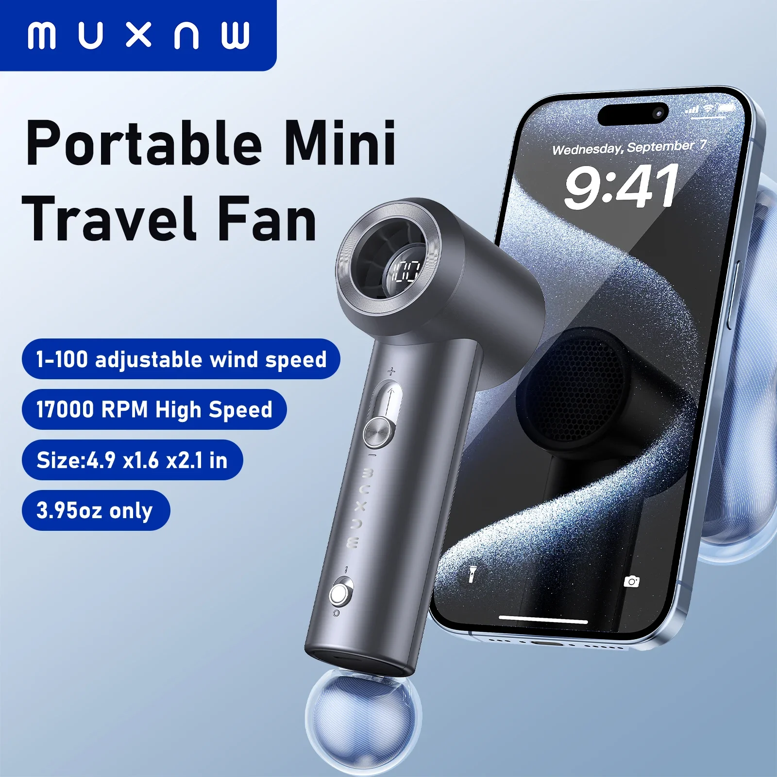 

MUXNW Mini Handheld Fan 17000RPM Turbo Fan 100 Speed Settings Digital Display Rechargeable Portable Fan