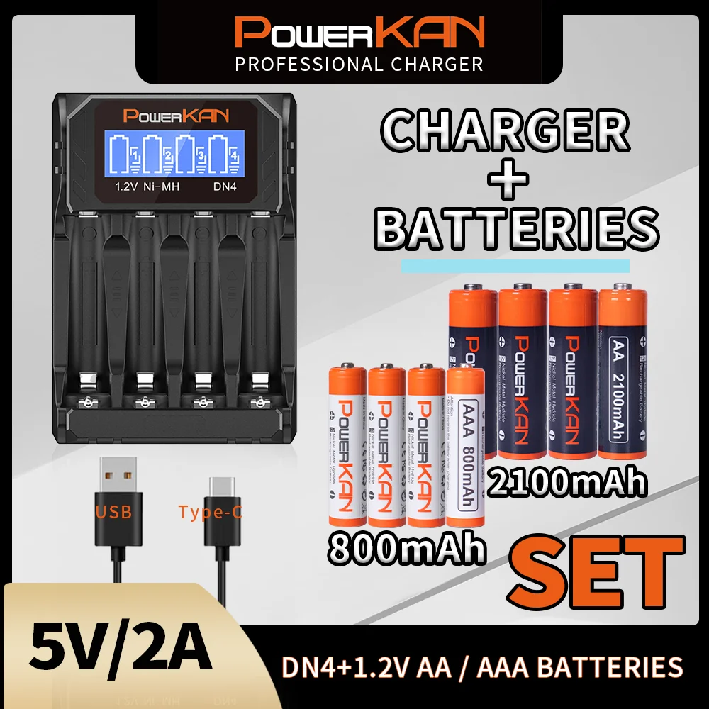 Powerkan Set 1.2V AA AAA 4pcs NiMH Battery with DN4 LED Display Charger Fast Charing Compo Sets for Beginner