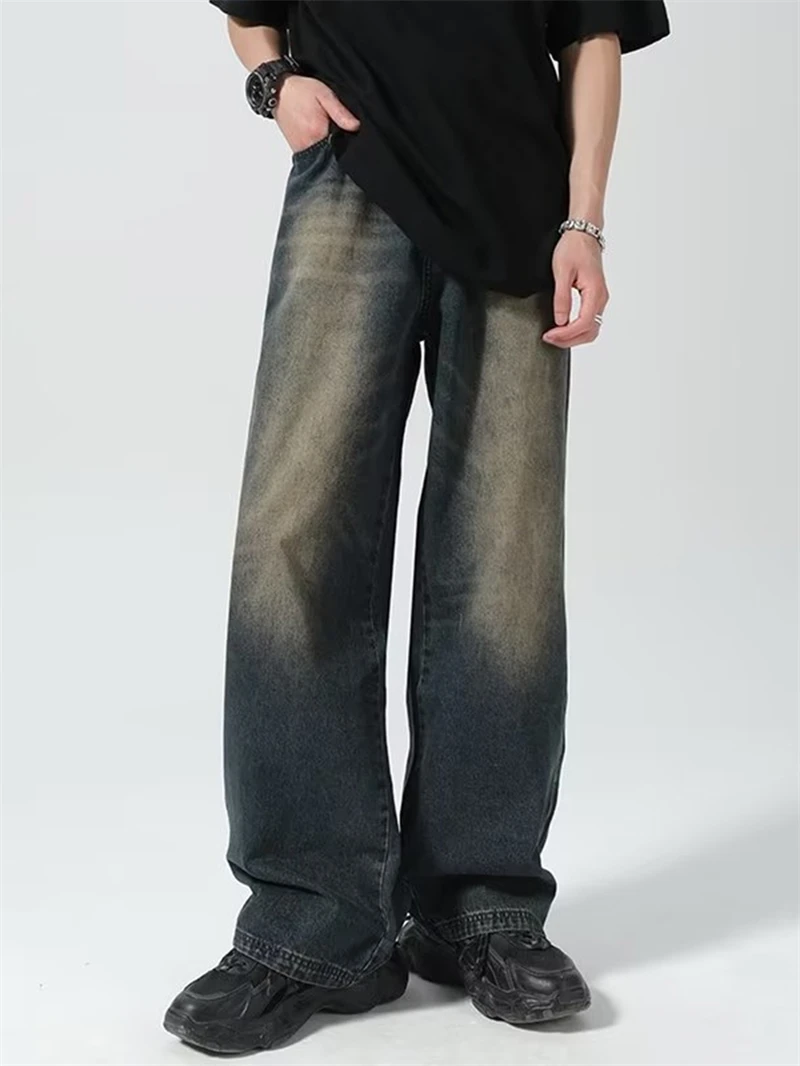 Retro Washed Blue Jeans Men's Handsome Korean Sle Spring Autumn Loose Straight Leg Wide Leg Floor Length Pants