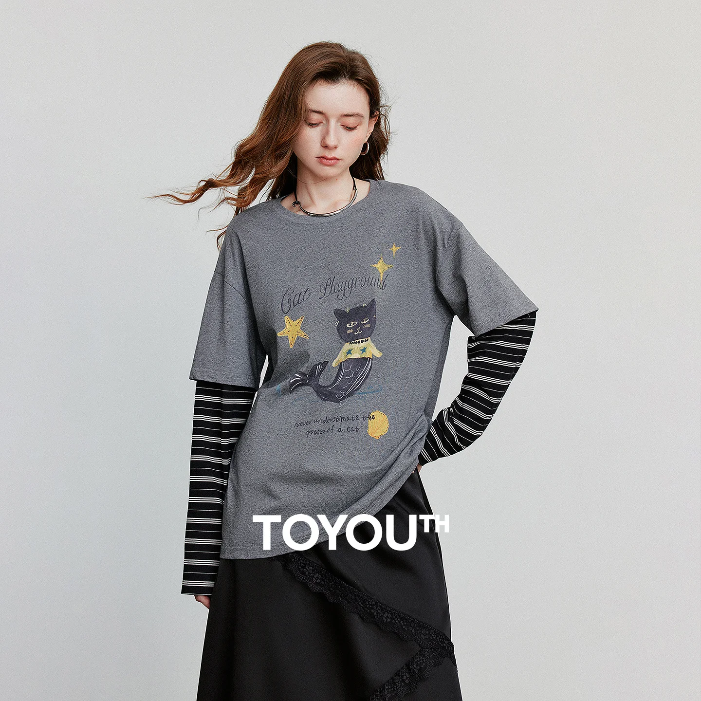 

TOYOUTH Women Long Sleeve T-shirt 2025 Autumn New Cartoon Splicing Fake Two Piece Antibacterial Pure Cotton Loose Pullover Tops