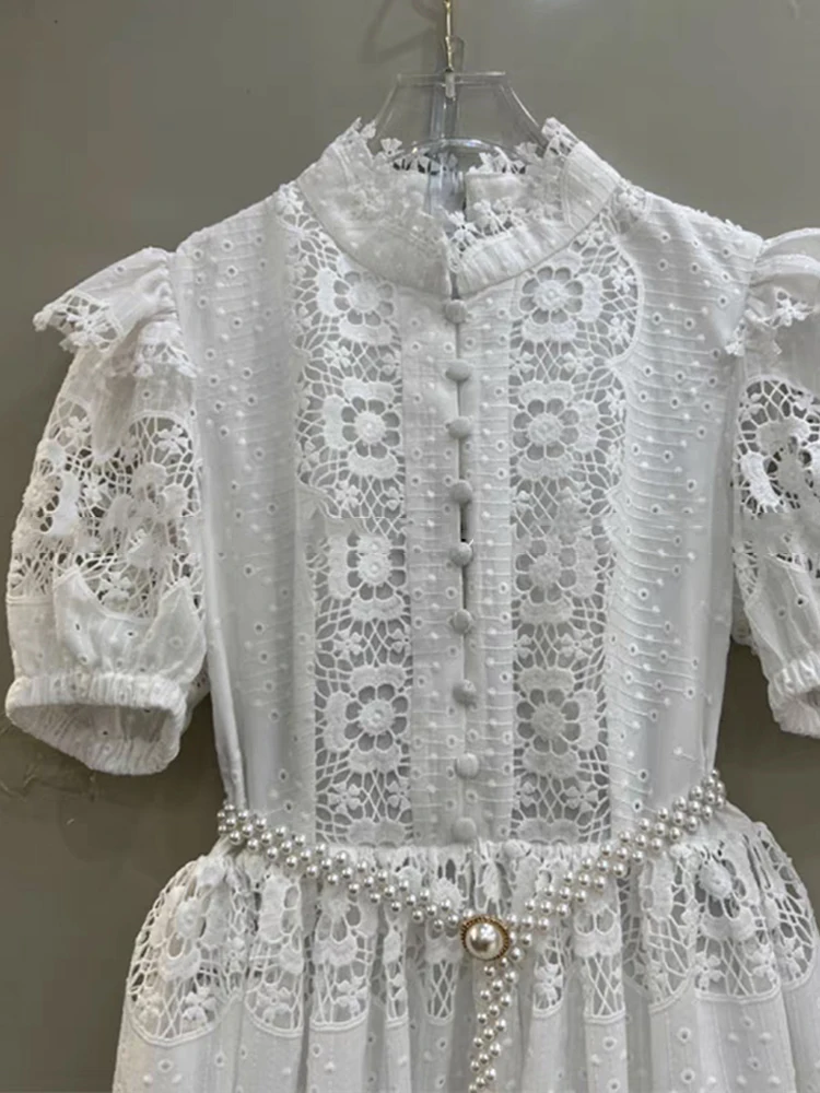 Abito a vita alta monopetto scavato con ricamo vintage da donna estivo 2025 Gonna pouf allentata moda + cintura di perle