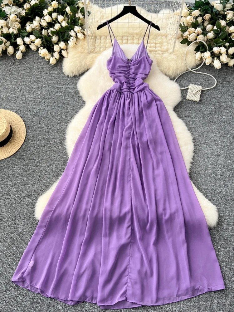 Women Purple Long Dress Summer Hollow Sexy V-neck Hanging Beach Dresses French Pleated Backless Boho Long Robe Vestidos