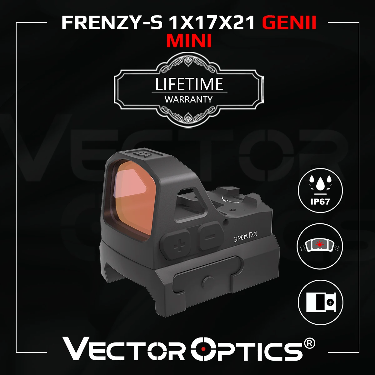 Vector Optics Frenzy-S 1x17x21 GenII Red Dot Sight, Rozmiar Punktu 3 MOA, Stop Aluminium 7075 T6, Boczne Ładowanie Baterii, Montaż RMS/RMSc