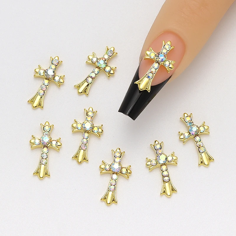 10 stuks 3D goud en zilver retro kruis nagelbedels, legering Rijnsteen, y2k metalen stijl DIY nageldecoratie accessoires