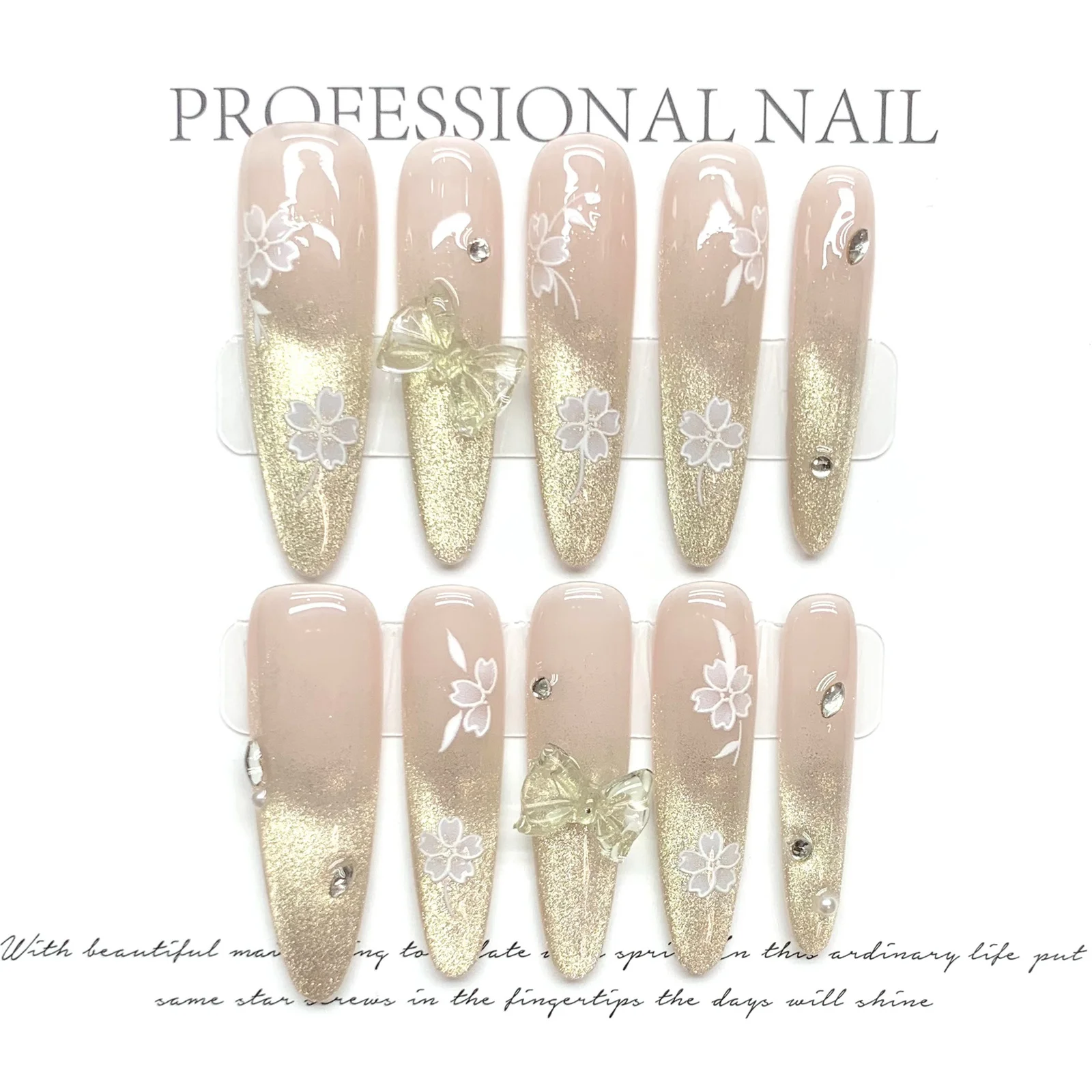 Imprensa feita à mão em unhas borboleta azul glitter cristal curto unhas falsas para mulheres menina wearable doce olho de gato unhas falsas dicas