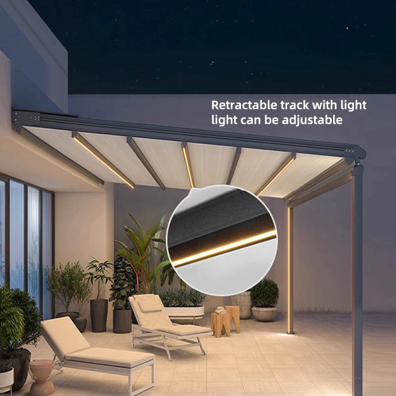 Modern Outdoor Retractable Roof With LED Lighting Rain Canopy Wireless Remote Control & UV Protection For Balcony & Patio
