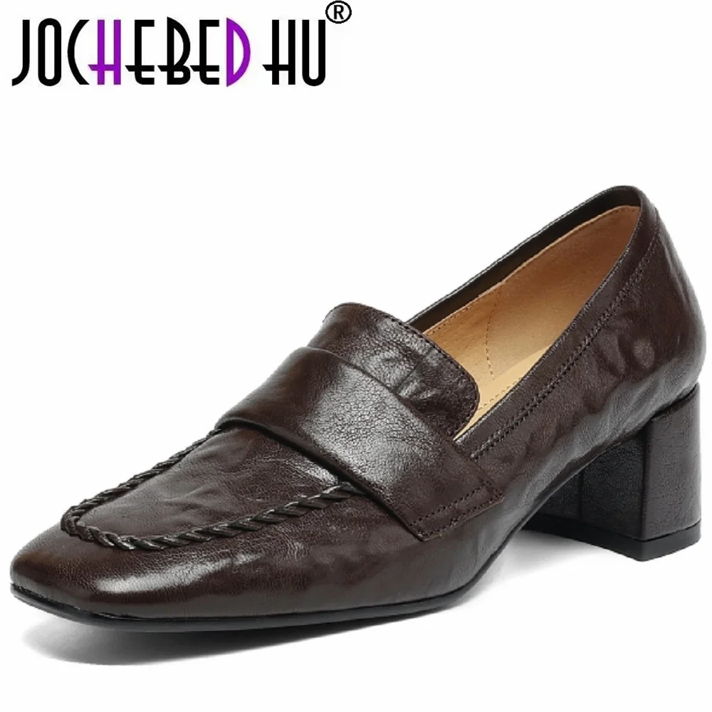 

【JOCHEBED HU】Женские удобные туфли-лодочки из натуральной кожи ручной работы с квадратным носком на среднем толстом каблуке для женщин, повседневные туфли для отдыха 33-40
