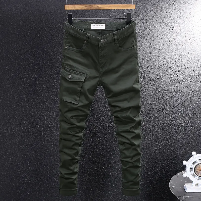 Nowe modne męskie jeansy w kolorze ciemnozielonym, elastyczne, dopasowane, z wieloma kieszeniami, codzienne spodnie cargo męskie, styl Y2K, vintage, hip-hop.