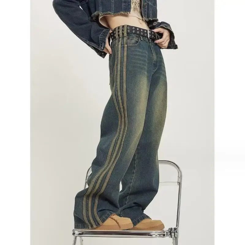 

Korean Fashion Women's Vintage High Waist Jeans Streetwear Style Blue Denim Pants Wide Leg Baggy Y2K Baggy Trouser Female w783