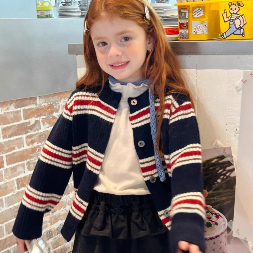 

Girls Sweater 2025 Autumn New Children's Clothing Korean Style Girls Baby Lapel Stripe Loose Soft Waxy Lazy Wind Knit Sweater