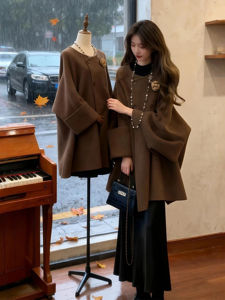 

Elegant Autumn Winter Women's Fashion Set with Coffee Color Woolen Coat And Half Skirt High Quality Casual Style Polyester Fiber