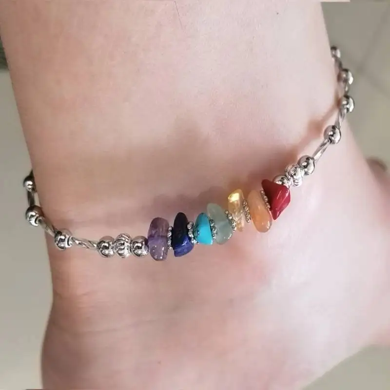 Chakra Gemstone & Lotus Charm Anklet - 7 Chakra Ankle Bracelet - Yoga Ankle