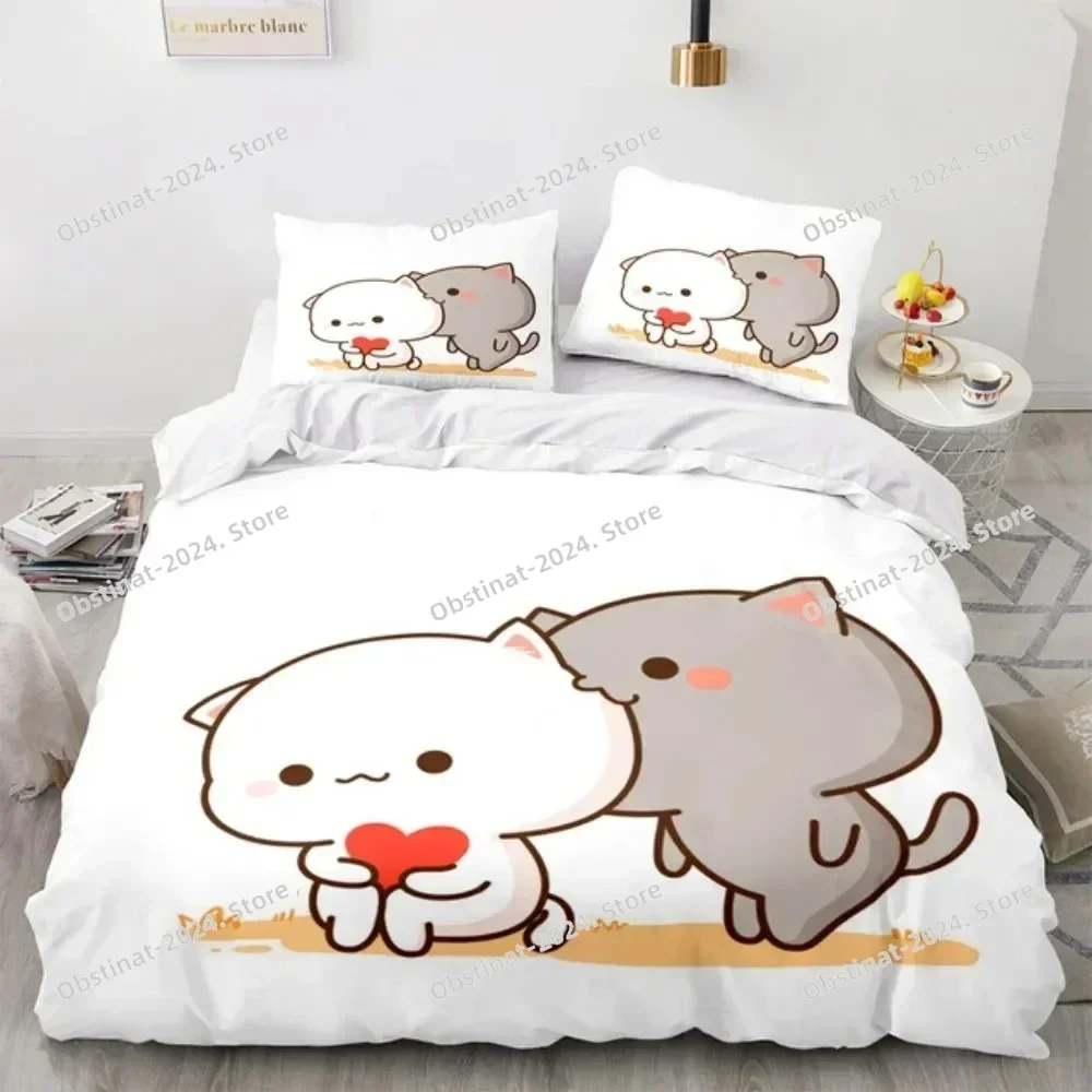 3D Cartoon Lovely Peach Cat Bedding Set Printed Comforter Quilt Bed Cover Duvet Cover Pillow Case 3 Pieces Sets Kids Adult Size
