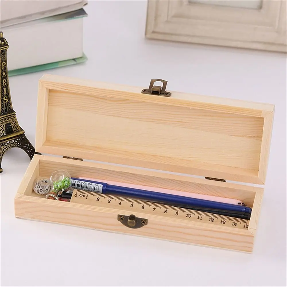 Rectangle Wooden Pencil Box Makeup Organizer Pen Container Stationery Box Unpainted Plain Wooden Storage Box Office Bedroom