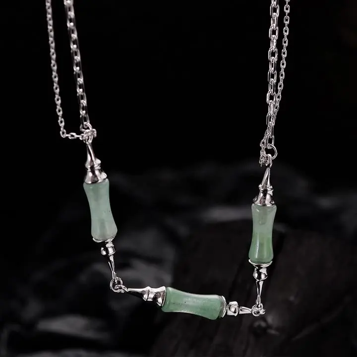 F.I.N.S New Chinese Style S925 Sterling Silver Bamboo Stone Green Aventurine Jade Double Chains Clavicle Necklace Fine Jewelry